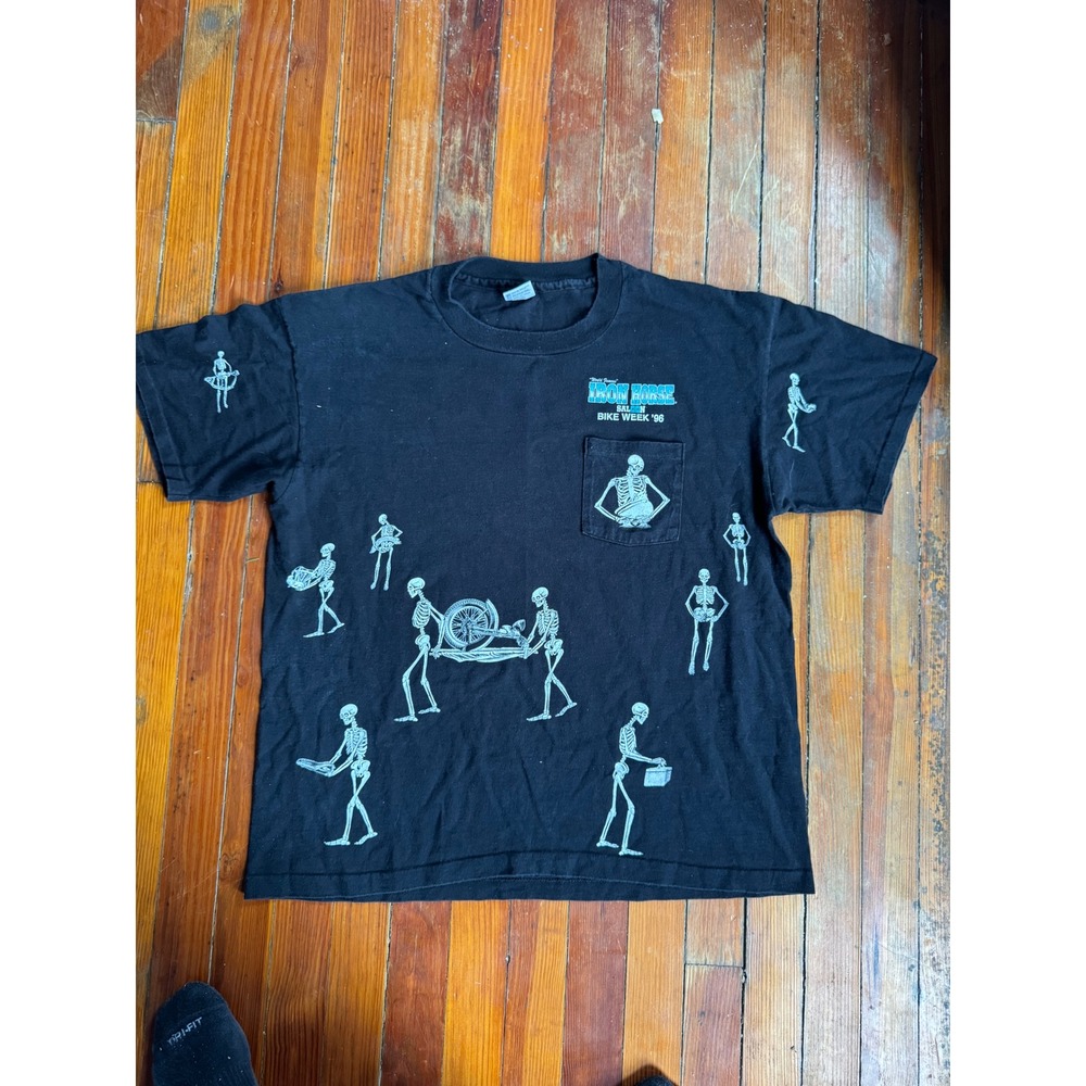 Vintage 90s Iron Horse Saloon Bike Week 1996 Skeleton Pocket T-Shirt XL Black - Picture 1 of 4